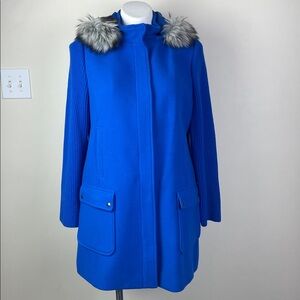 Talbots Italian Fabric Coat Faux Fur Hood Ribbed Knit Sleeve